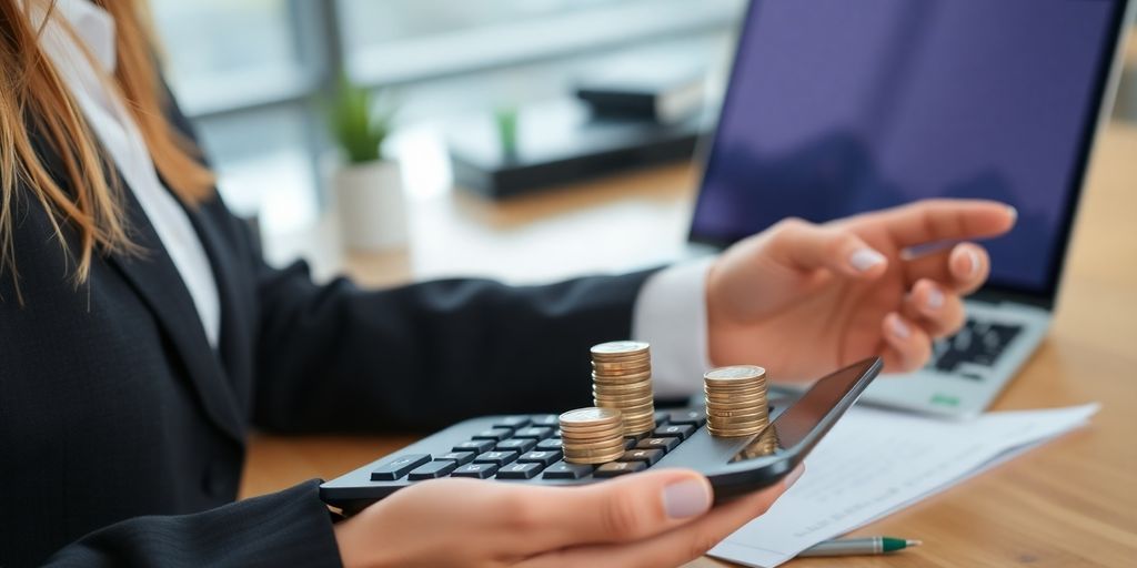Businesswoman calculating costs with coins and laptop.