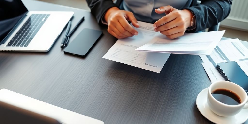 Business professional managing expenses at a modern office desk.